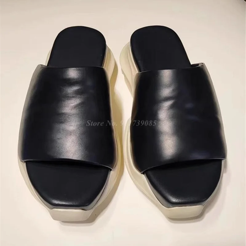 

Black Leather Slippers 2023 Summer Thick Sole Casual Peep Toe Roman Sandals Versatile Beach Shoes for Men and Women Size35-45