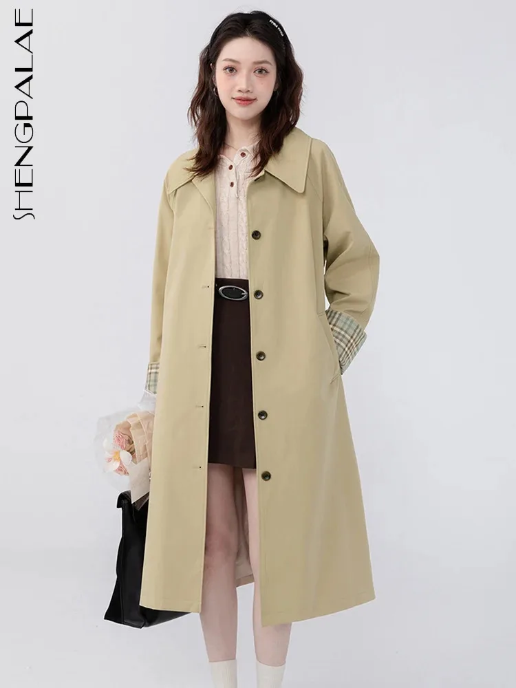 

SHENGPALAE Plaid Spliced Full Sleeve Trench For Women Lapel Single Breasted Loose Versatile Windbreaker Autumn 2024 New 5R7552