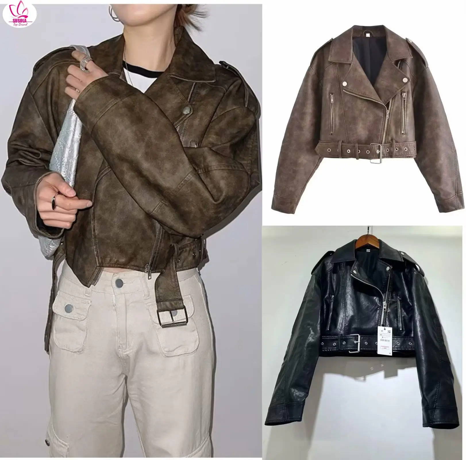 

SUSOLA 2024 Women's washed leather jacket with belt, short coat with downgraded zipper and vintage lapel jacket