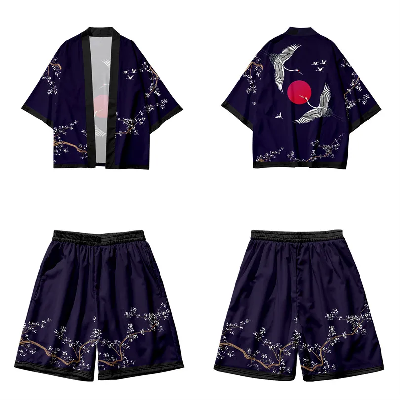 Kanagawa Wave Dragon Print Kimono Shorts Sets Two-piece Suit Yukata Japanese Cardigan Women Men Harajuku Cosplay Loose Haori