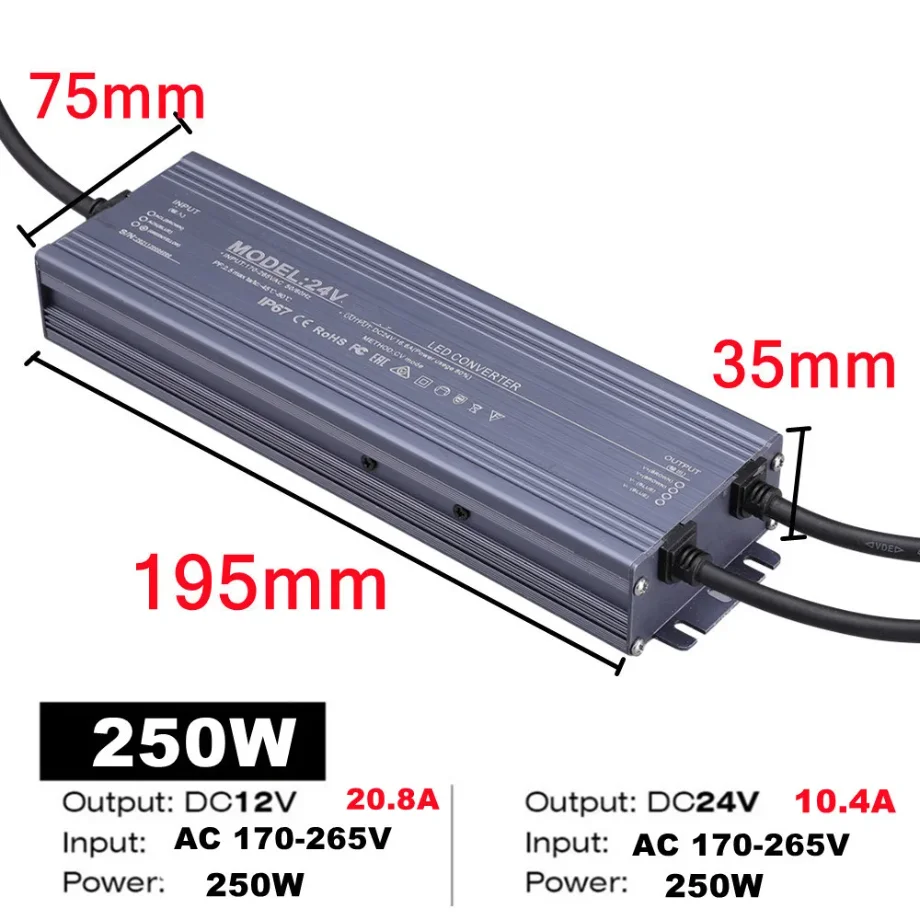 Waterproof Dimmable Switching Power Supply for Home Lighting and Light Strips, 15W-500W, 220V to 12V/24V