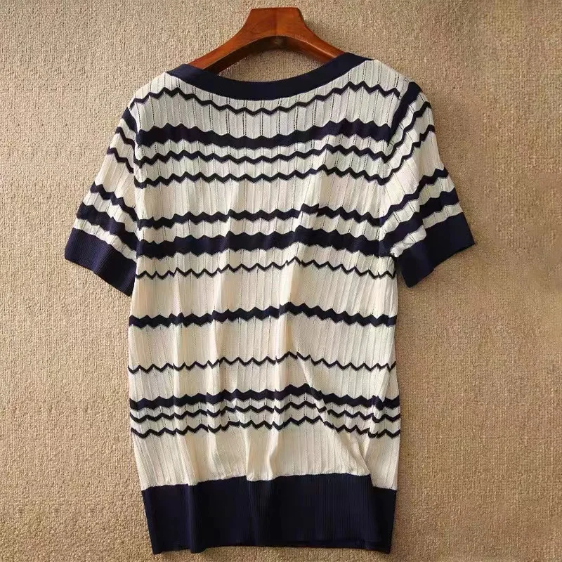 Fashionable summer wave stripe ice silk knit short sleeve women's round collar thin cotton and linen T-shirt half sleeve top