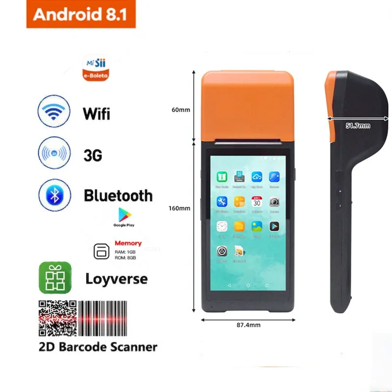 Q8 Android 8.1 Terminale Pos Sistema Pda Integrato 58Mm Stampante Termica Per Ricevute Supporto Bluetooth Wifi Scanner Pos Machine