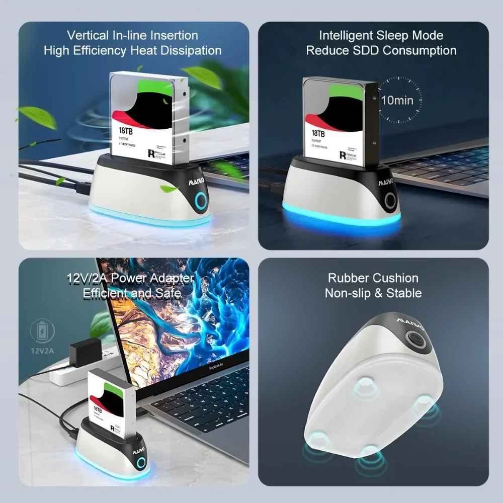 MAIWO RGB Hard Drive Docking Station USB 3.0 to SATA SSD HDD Case Base 2.5/3.5 inch SATA HDD/SSD Support 18TB Capacity UASP external hard drive case ssd enclosure hdd docking station