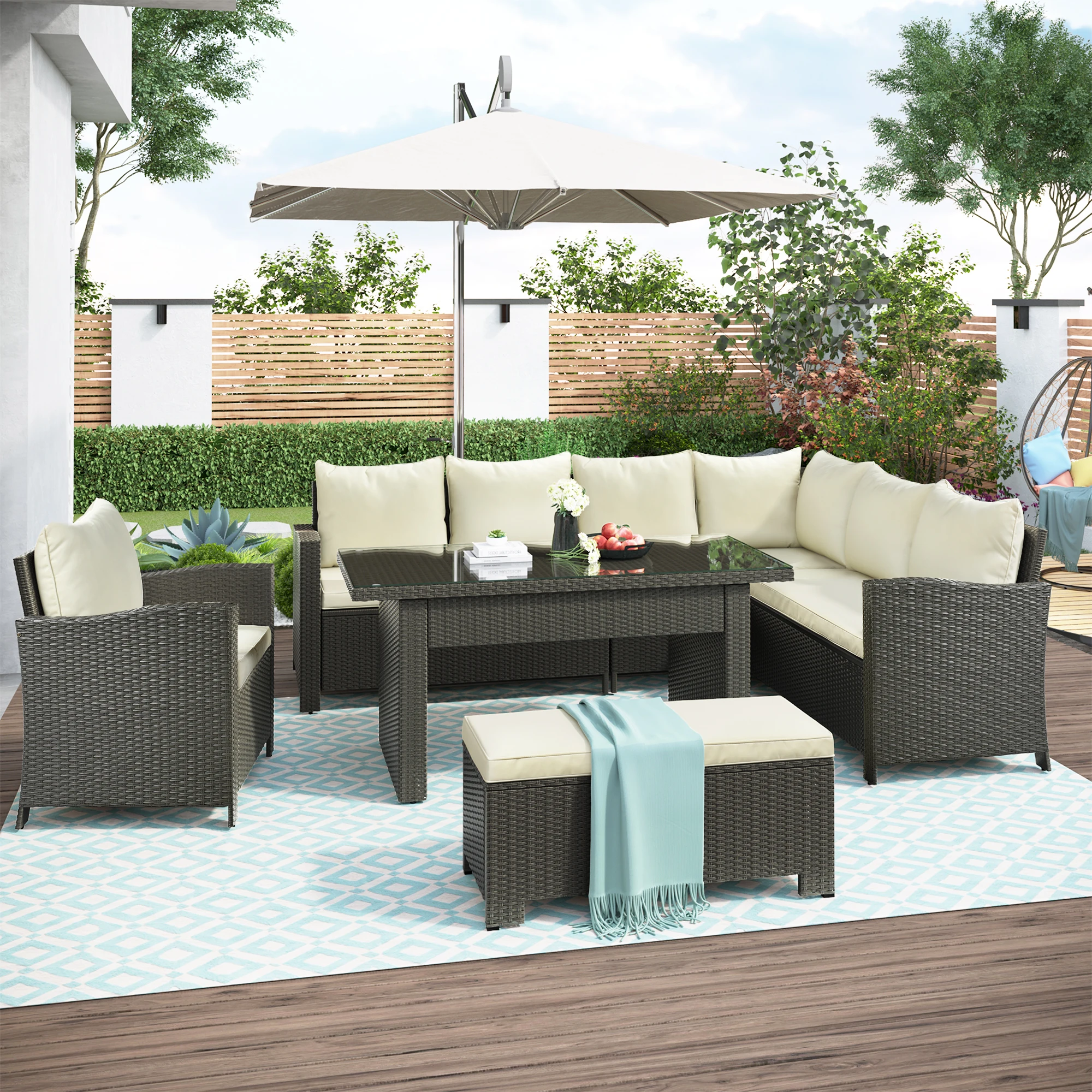 

Patio Furniture Set, 6 Piece Outdoor Conversation Set, Dining Table Chair with Bench and Cushions