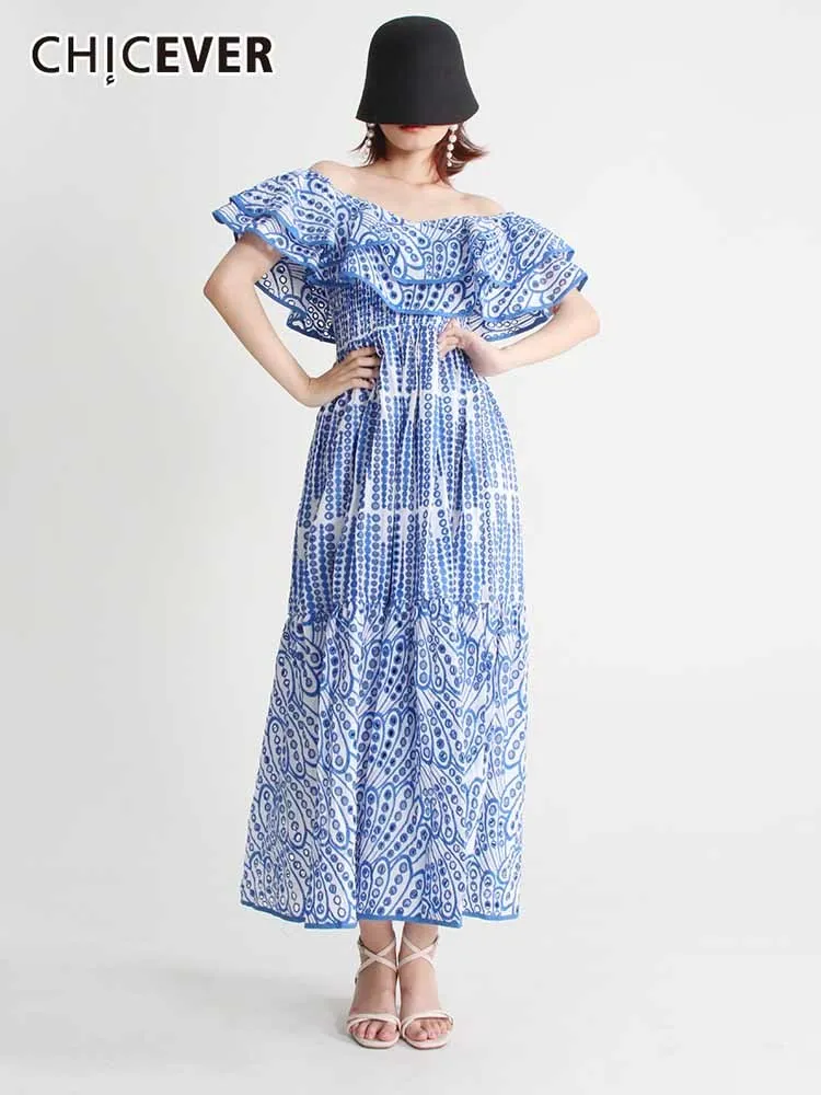 

CHICEVER Hollow Out Solid Dresses For Women Slash Neck Butterfly Sleeve High Waist Patchwork Embroidery Chic Dress Female 2022