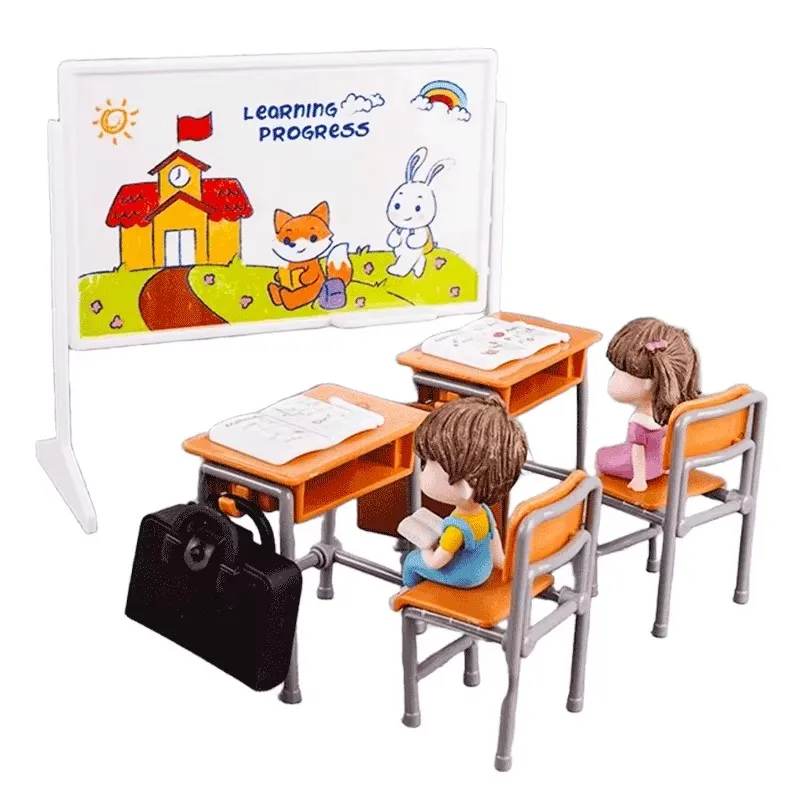13pcs Miniature Classroom Dollhouse Set with Plastic Desks & Chairs Mini Books Teaching Board & Backpacks Role-Play Collections - 6