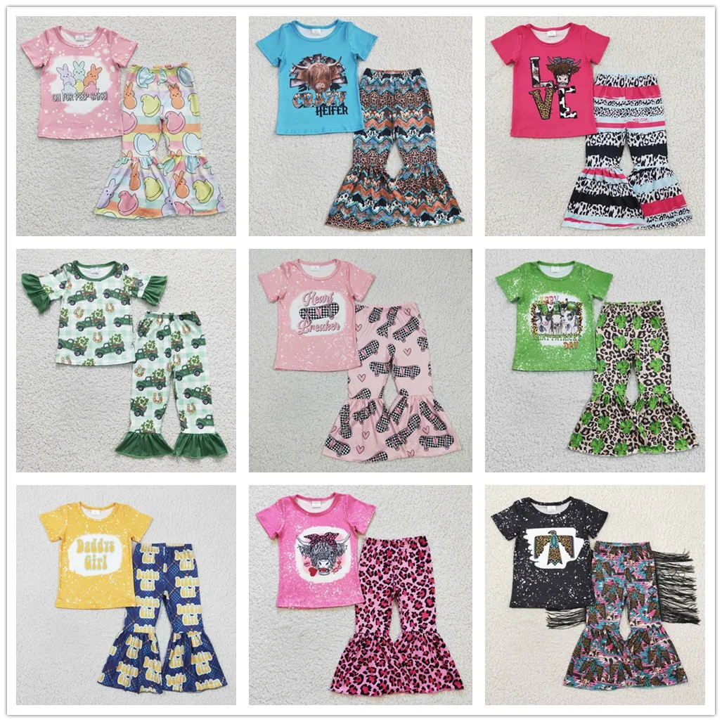 

Hot Products RTS NO MOQ Kids Two Pieces Apparels Toddler Baby Bell Bottoms Boutique Baby Girls Clothing Outfits