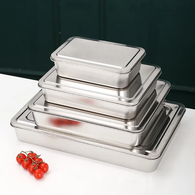Thicken Stainless Steel Serving Tray with Lid Rectangle Metal Food Storage Plates Dish Cake Buffet Organizer Kitchen Container 4