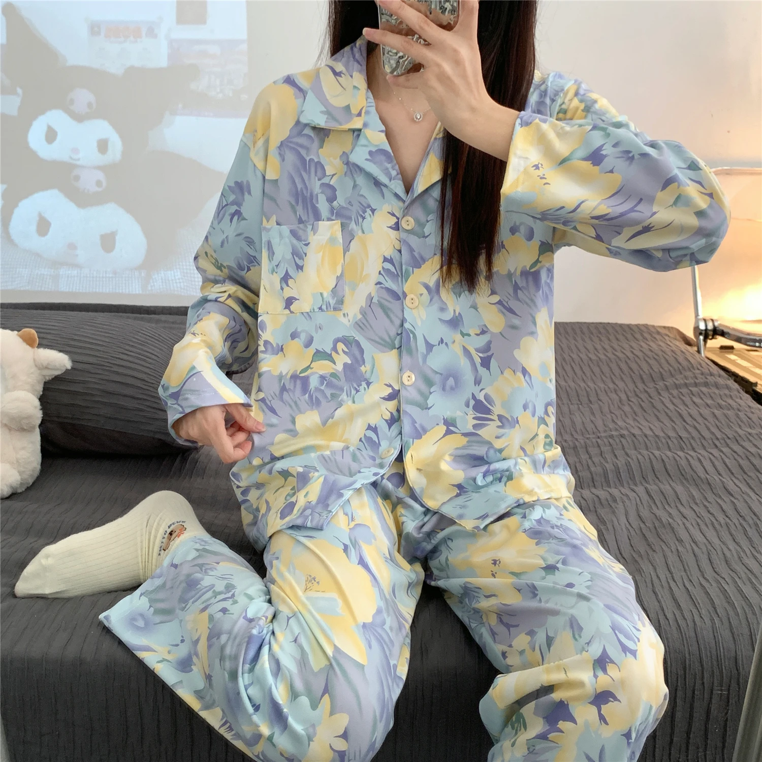 Black Phnom Penh new autumn and winter long-sleeved cardigan button pajamas women's simple casual solid color home service