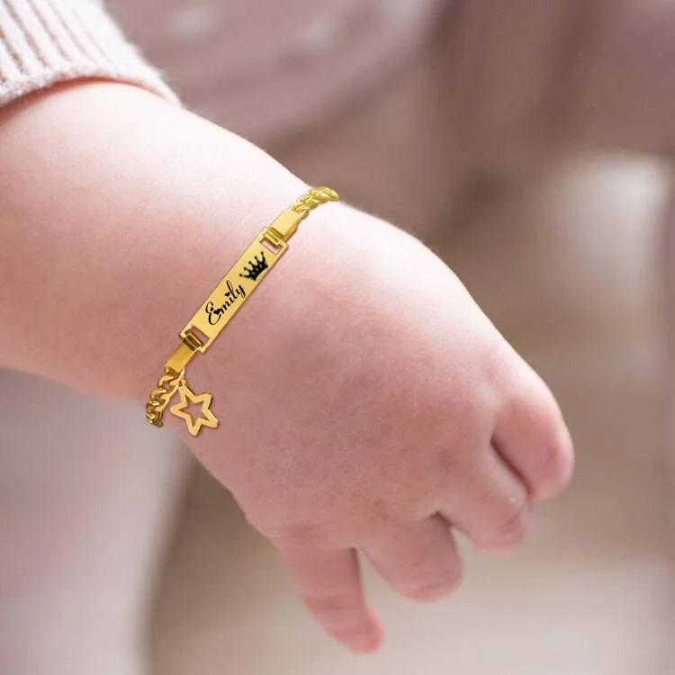 Customized Stainless Steel Star ID Bracelet for Baby Kids Children, Free Engraving Name Bracelet Size 15+5cm