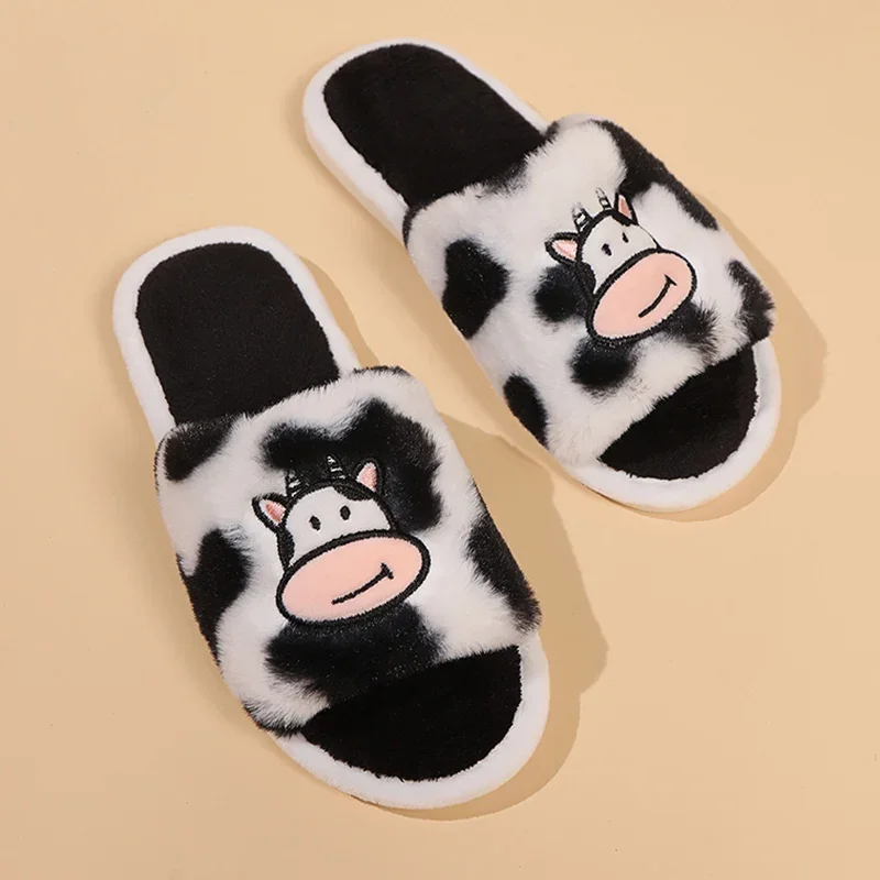 Women's Cute Cartoon Cow Fur Slippers Open Toe Non Slip Indoor House Plush Slides Woman Comfort Flat Heels Home Cotton Shoes