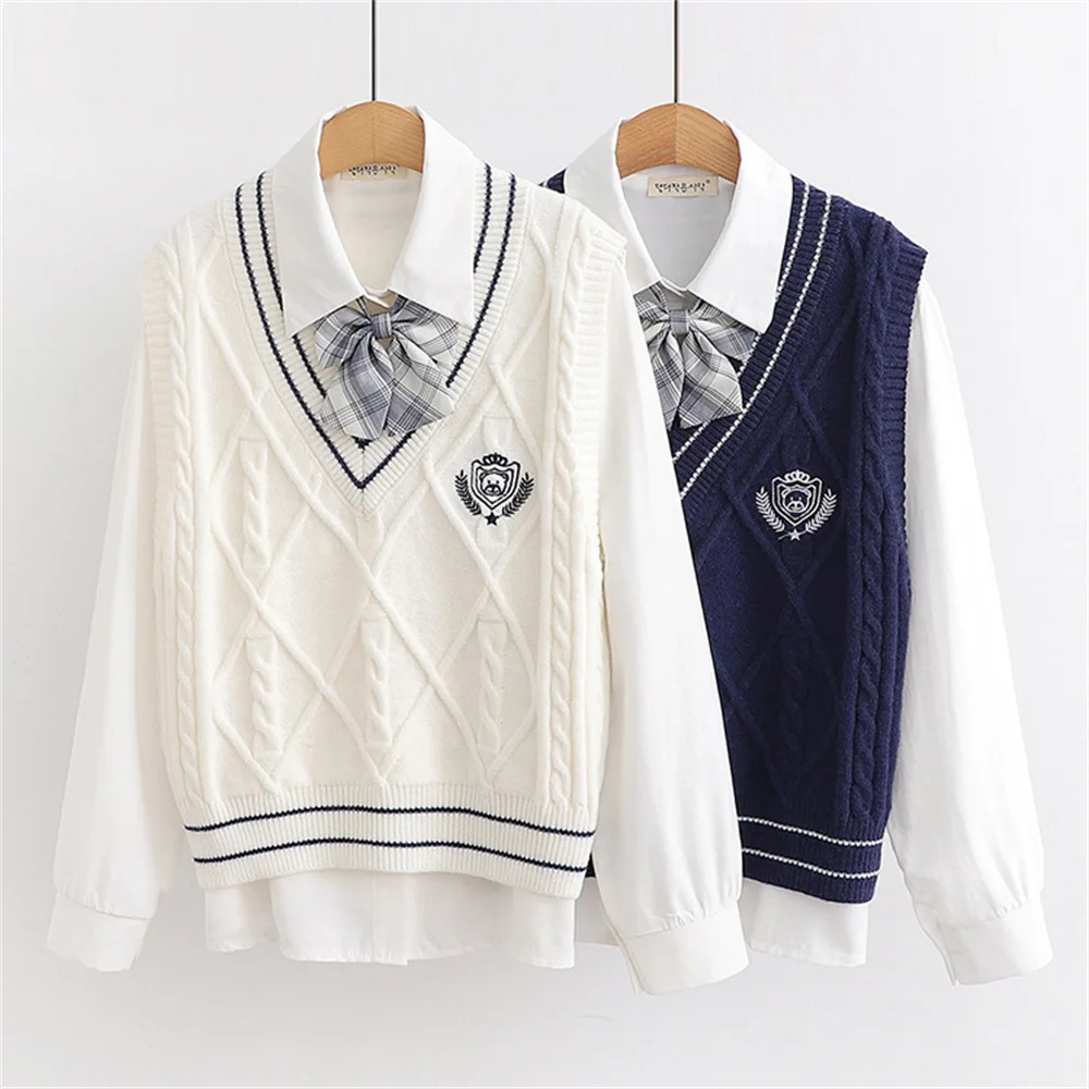 2pcs Japanese Korean High School Preppy Style White Shirt Blouse Knitted  Sleeveless Sweater Vest Cardigan Camisole Uniform Set - купить по выгодной  цене | AliExpress
