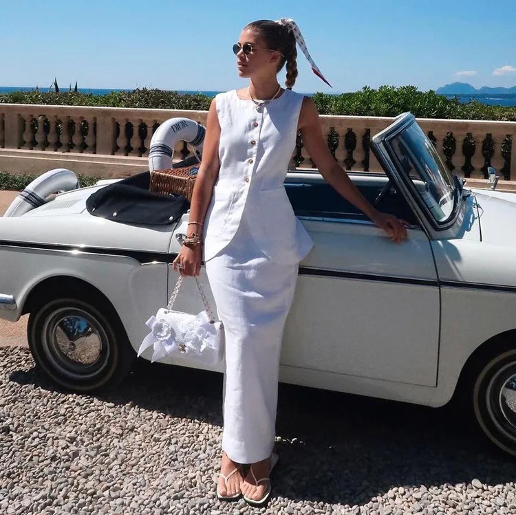 Conjunto de 2 piezas de falda larga blanca de cintura alta para mujer: top ajustado sin mangas y falda larga informal, conjuntos de patchwork para mujer