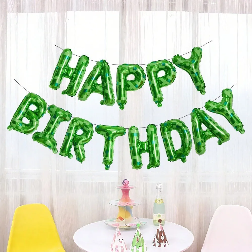 16-Zoll-Set mit grünem Pixel-Thema „HAPPY BIRTHDAY“-Folienballon, Mosaik, Geburtstagsbrief-Themen-Set, Partyzubehör