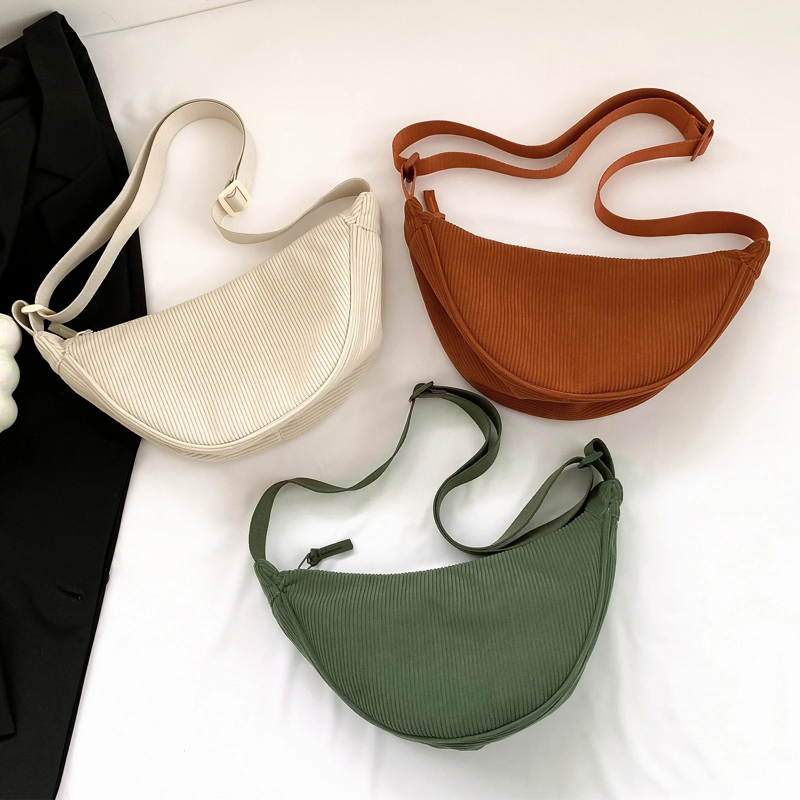 Corduroy Ladies Sling Bag Adjustable Strap Casual Commuting Bag