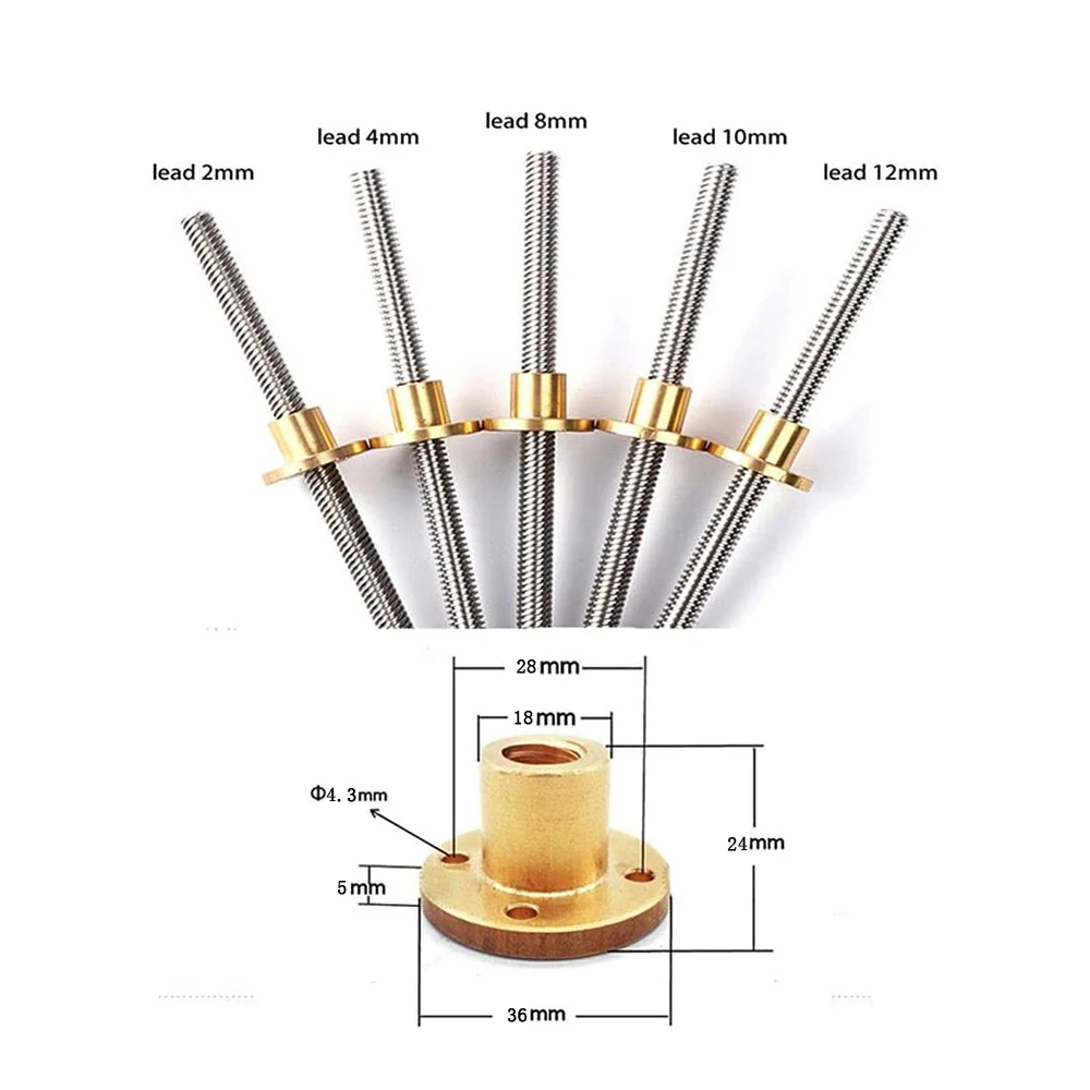T12 Lead Screw 500mm With Brass Nut – 12mm Diameter, 8mm Lead, 4 Starts, For 3D Printer Z-Axis & CNC