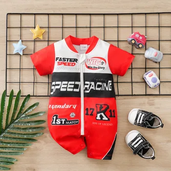 Summer Baby Boy Racing Car Print Romper Newborn Infant Short Sleeve Knitted Onesie Comfortable Soft Trendy Outfit 1