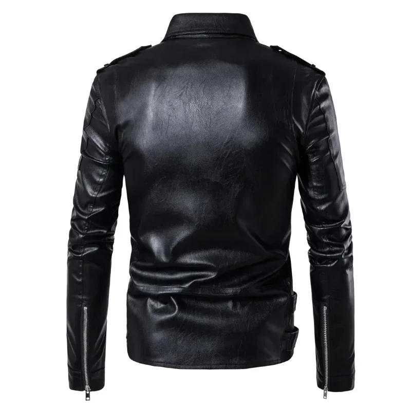 Mens Fashion Clothing Leather Jacket Slim Fit Stand Collar Punk Jacket Male Anti-wind Motorcycle Lapel Diagonal Zipper Jackets