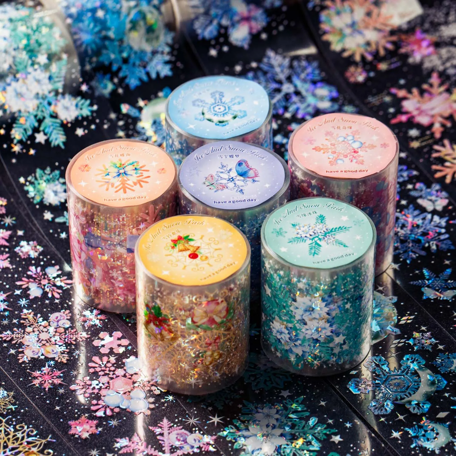 

50mm*200cm Ice and Snow Park Series Snowflake Theme Shell Light PET Tape Creative DIY Journal Collage Decor Stationery