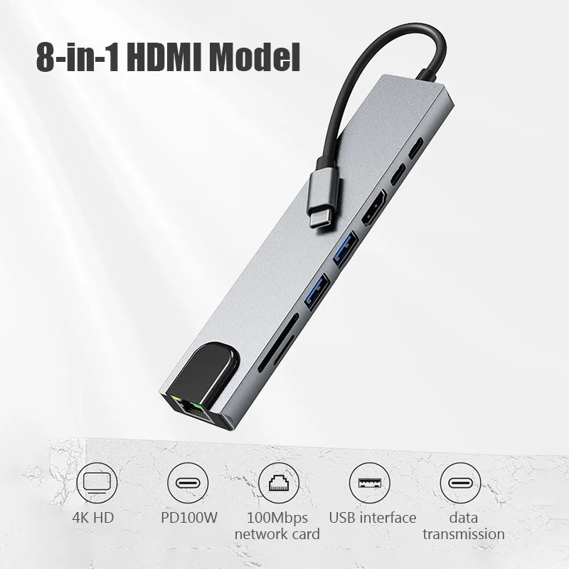 8in1 USB C 3.0 Hub Type C Laptop Adapter to 4K HDMI-Compatible 100M RJ45 Ethernet SD/TF Card PD USB 3.0 Dock Station Splitter