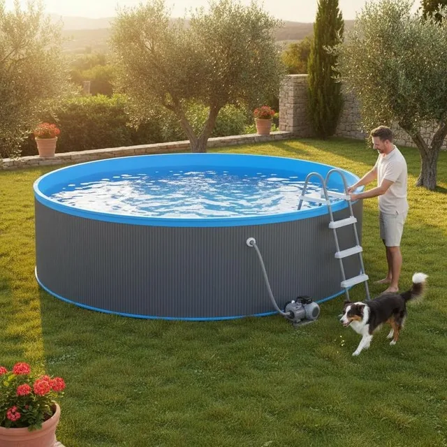 Piscine hors sol avec skimmer suspendu et pompe intégrée pour les familles – structure en acier avec revêtement en PVC – installation et entretien faciles 1