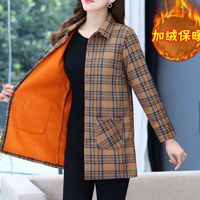 Winter New Plaid Fleece Pockets Patchwork Blouse Long Sleeve Loose Plus Size Vintage Shirt Tops Casual Fashion Women Clothing