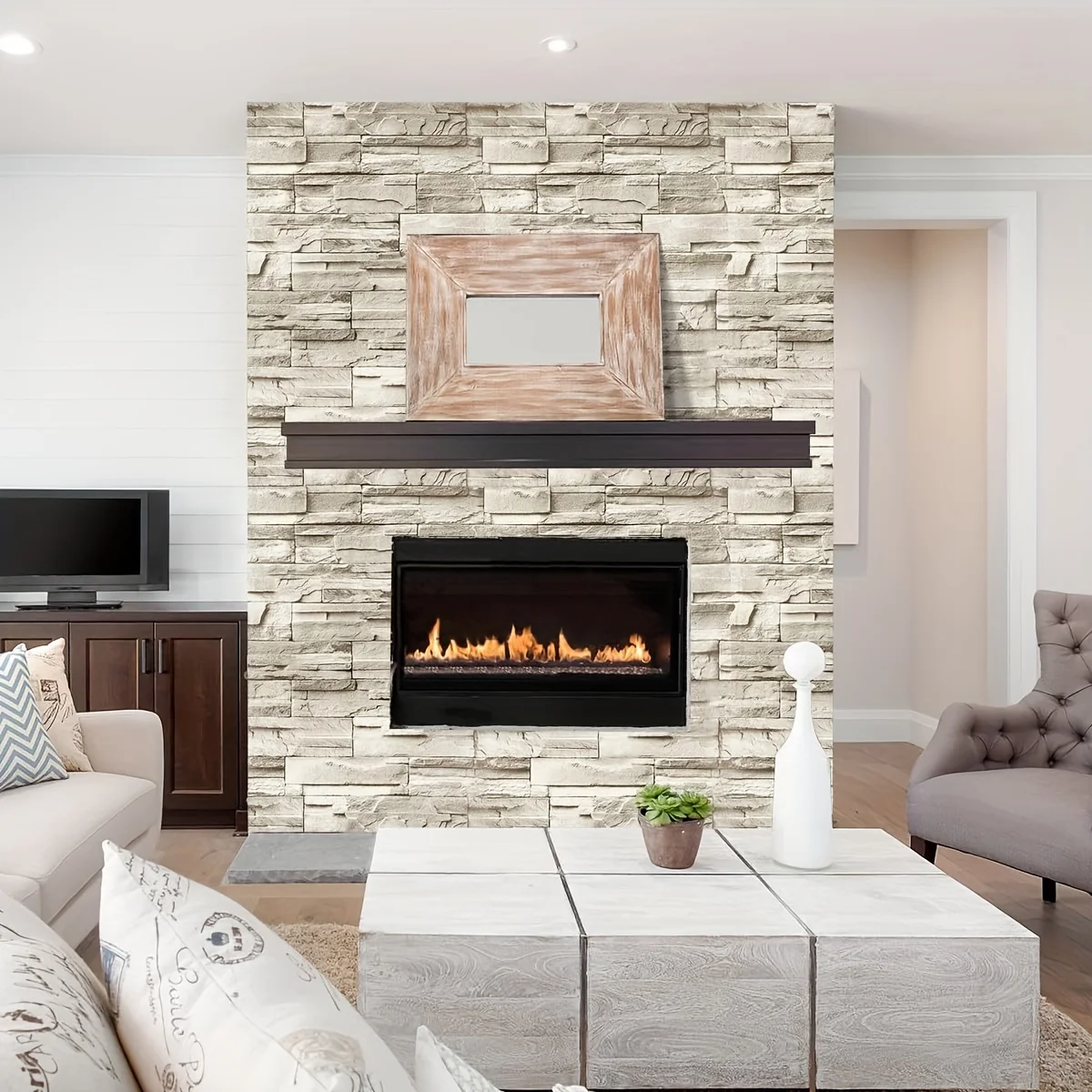 

1 Roll Self-Adhesive Wallpaper, Grey Stone Brick Pattern Contact Paper, Waterproof Removable Bedroom Wallpaper, 17.7*393.7in