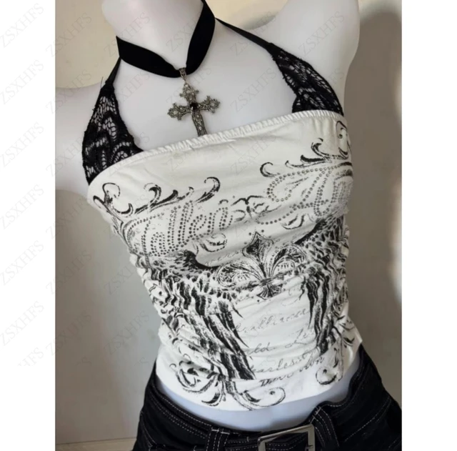 Tops à bretelles sexy en dentelle Y2k, vêtements pour femmes, gothique, punk, fille, été, t-shirts à bretelles, grunge, corset mince, Harajuku, Kpop, crop top, emo 1