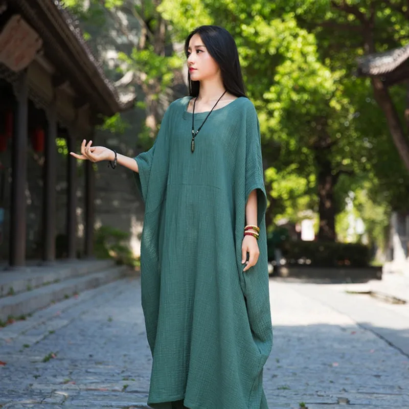 

High Quality Cotton and Linen Dress for Women's Summer New Linen Loose Korean Casual Fashion Bat Sleeve Round Neck Long Skirt