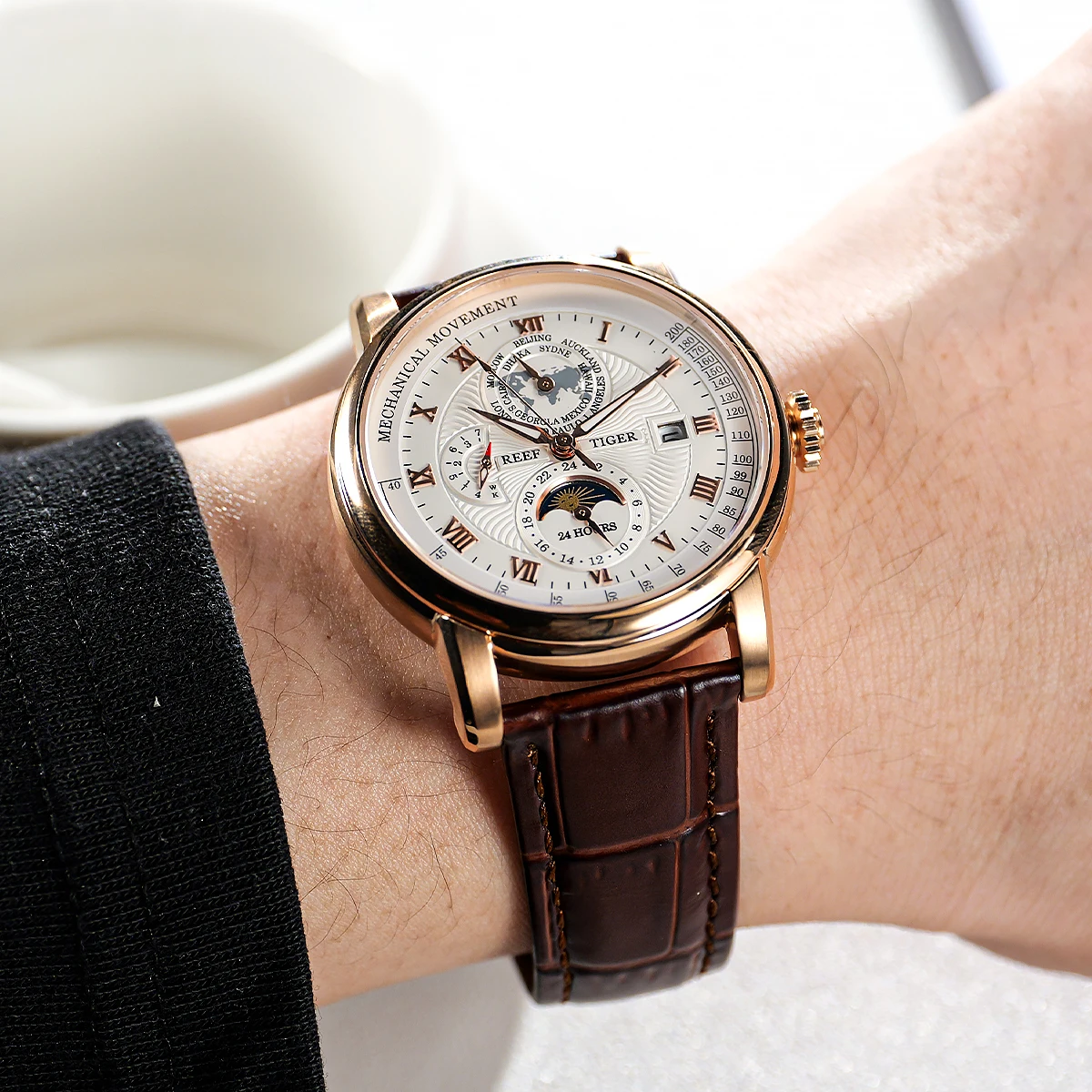 Reef Tiger-メンズウォッチ,デラックス自動腕時計,カレンダー