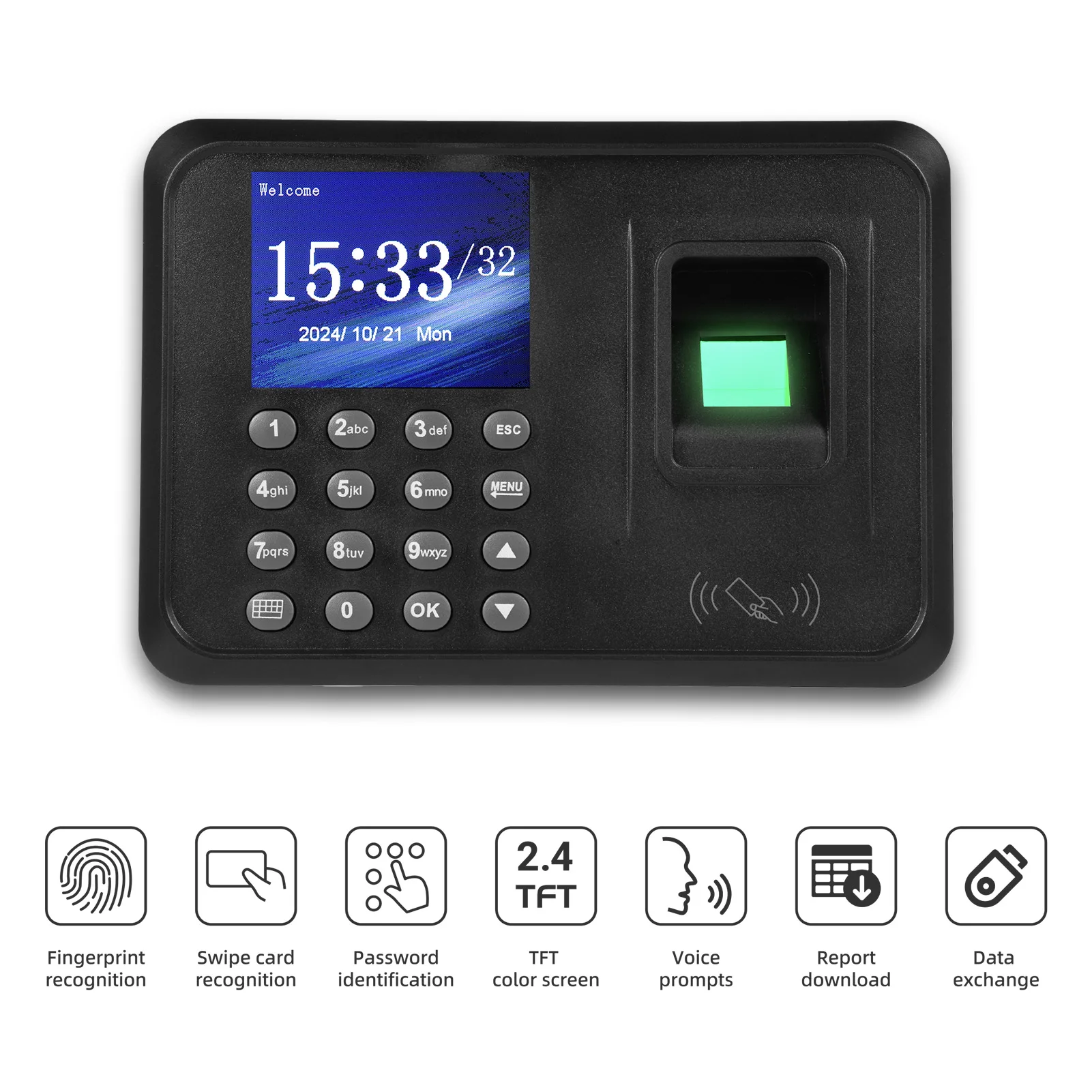 2.4 Inch TFT Color Screen Biometric Time Clock Attendance Machine for Employees Access Control Machine 1000pcs Password Cards