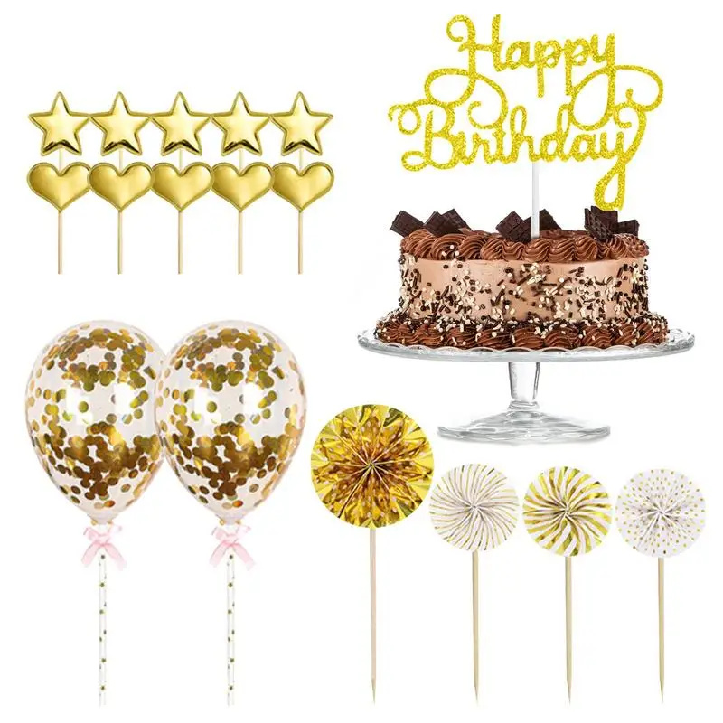 

Cake Topper Set Creative Happy Birthday Cake Sticks Cake Decorations Stars Hearts Balloons Birthday Cupcake Toppers