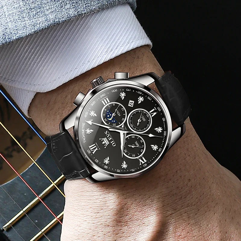 OLEVS Men's Watches Original Top Brand Quartz Watch Waterproof Sport Multifunction Wristwatch Moon Phase Fashion Watches for Men