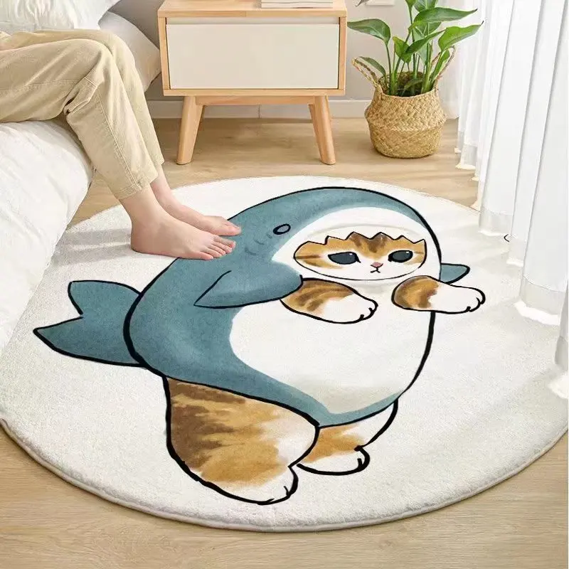 

Cute Cartoon Cat Round Carpet Children Study Room Computer Chair Non-Slip Soft Floor Mat Bedroom Bedside Home Decor Area Rugs