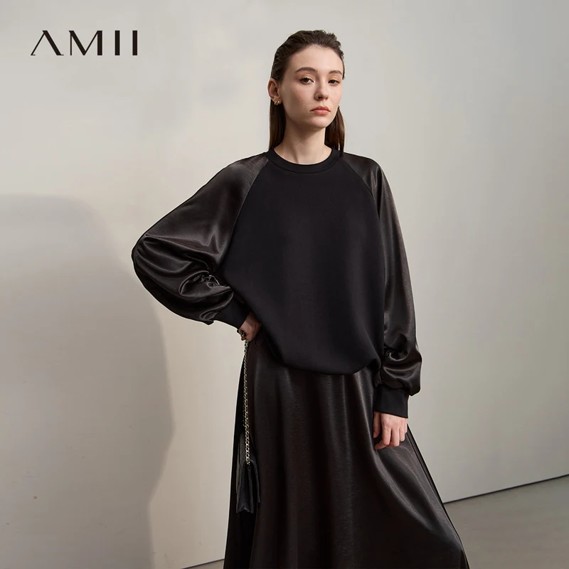 AMII Woman Sweatshirts 2025 Autumn Minimalist O-Neck Loose Casual Top Women Patchwork Long Sleeve Sweatshirts For Women 12543175