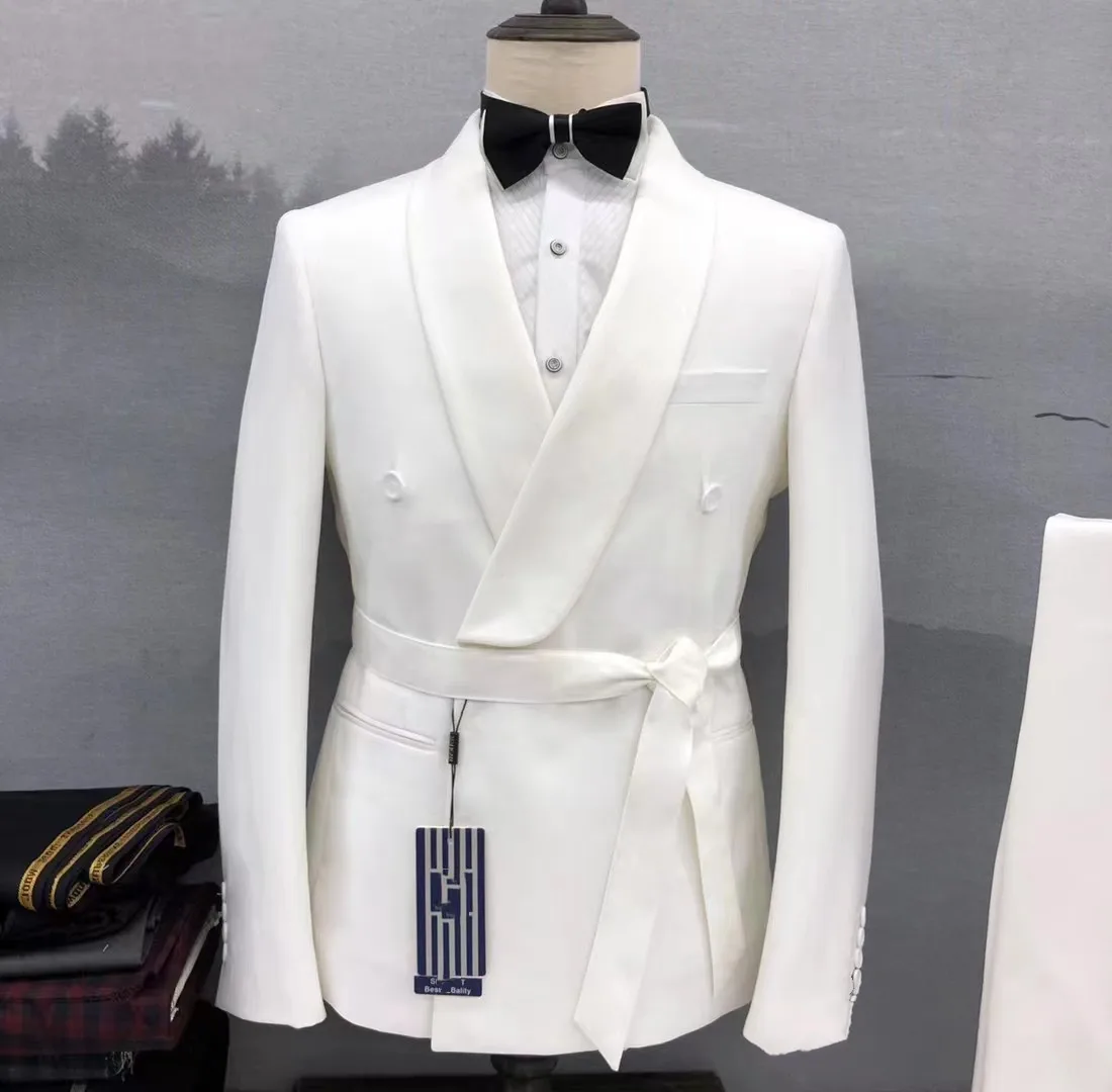 Fashion Light Blue Wedding Suits Men Paired with Belt Formal Groom tuxedos Shawl Collar Prom for Male Blazer Slim Fit