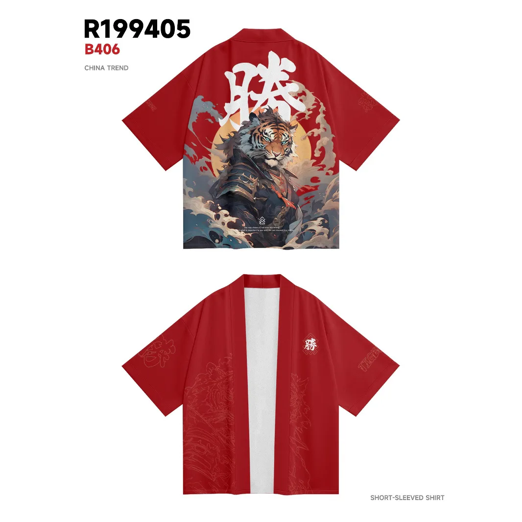 Japanese Tiger Samurai Print Black Red Kimono Cardigan Cosplay Shirt Blouse for Women Men Yukata Beach Haori Traditional Top