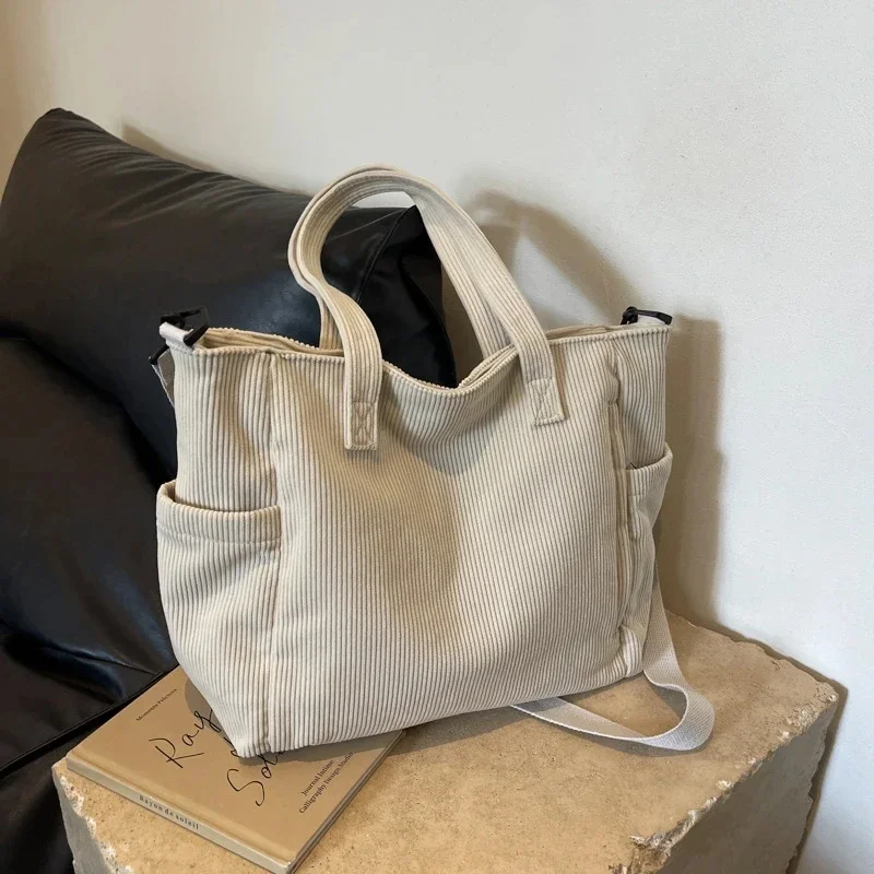 Chic Striped Velvet Shoulder Bag – Elegant Corduroy Tote with Spacious Design