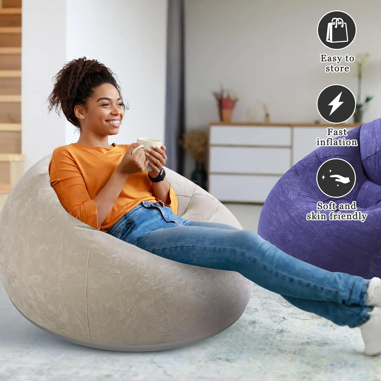 Lazy Inflatable Sofa Chairs Indoor Bedroom Lounge Bean Bag Chair Portable Folding For Outdoor Camping
