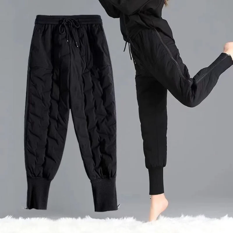 Women's Autumn Winter New High Waist Down Cotton Pants Fashion Simple Solid Large Fleece Thickened Loose Casual Slimming Pants