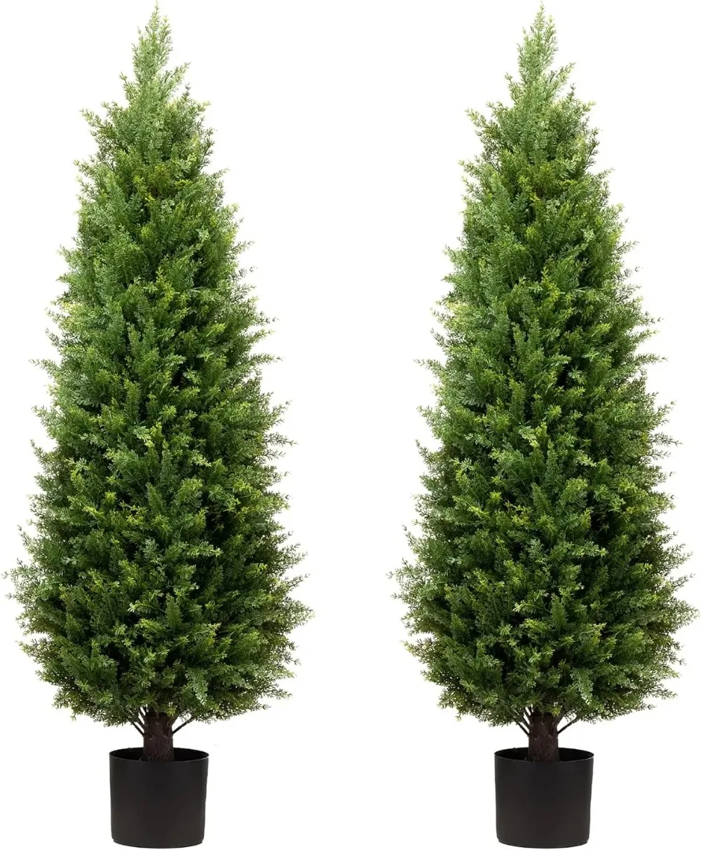 4ft Artificial Cedar Trees Artificial Topiary Trees Set of 2 Faux Cypress Plants UV Resistant Potted Bushes Faux Shrubs
