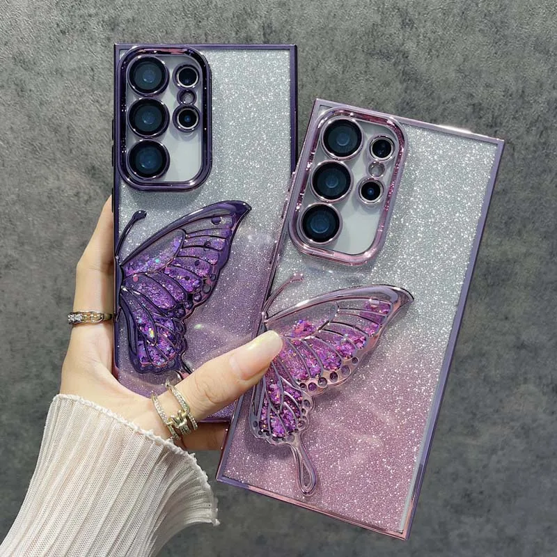 3D Glitter Butterfly Quicksand Electroplate Phone Case with Built-in Lens Film