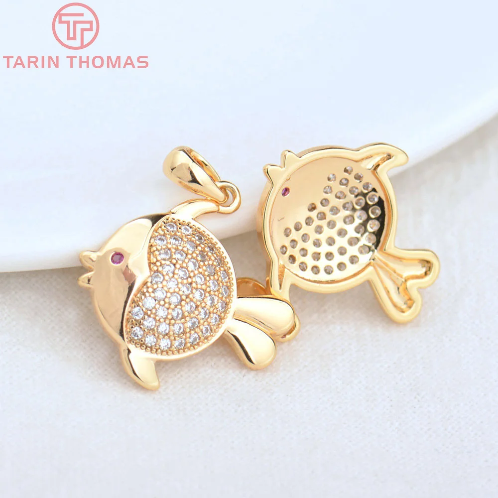 

(4557)2PCS 18x17.5MM Hole 2MM 24K Gold Color Brass with Zircon Fish Pendants High Quality Diy Jewelry Findings Accessories