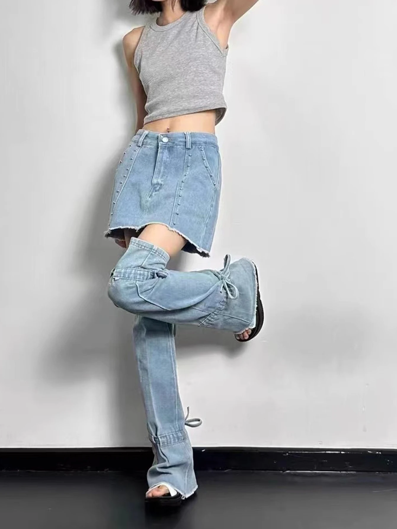 ReddaChic 밴디지 보타이 데님 레그 워머, 여성용 각반, 블루 플레인 허벅지 길이 양말 부츠 커버, Y2k Acubi 패션, 여름 신상