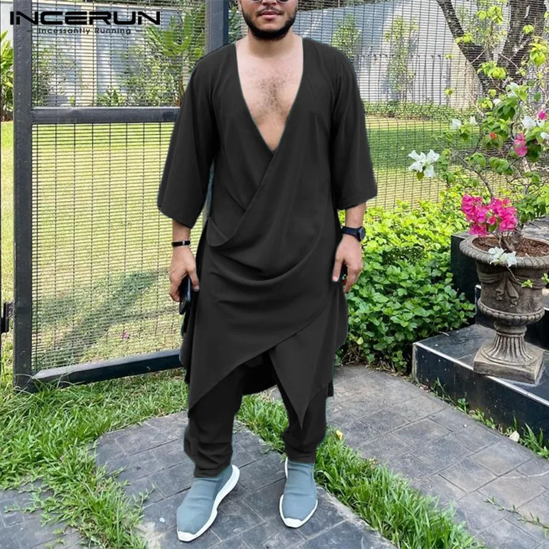 

INCERUN Muslim Style Fashion Sets New Men's V-Neck Solid 3/4 Sleeve Robe Pants Casual Comfortable Male Two Piece Sets S-5XL 2023