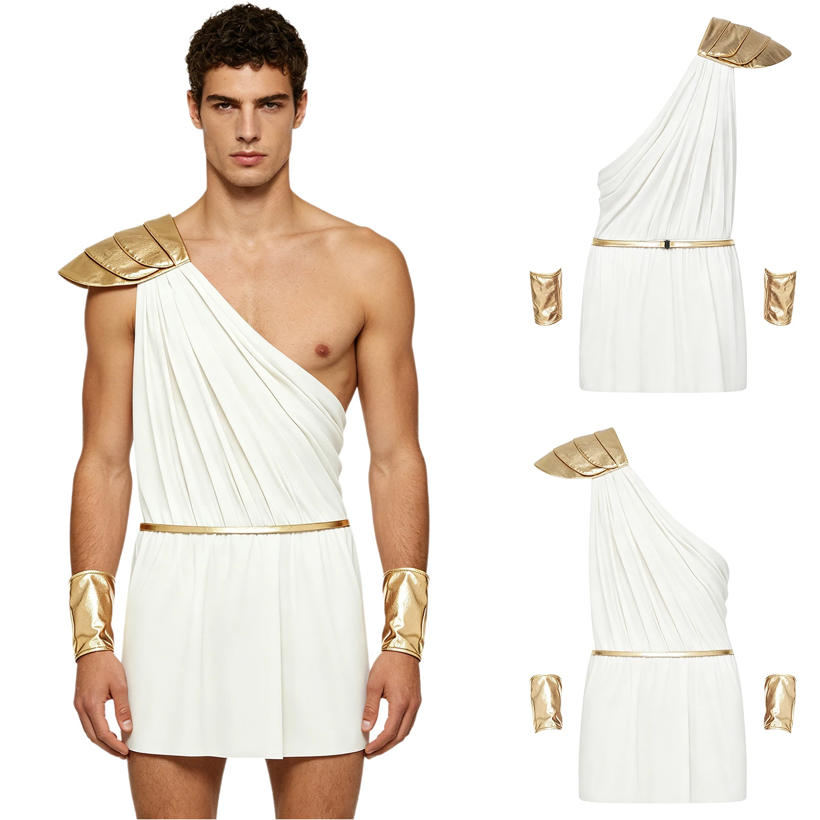 Costume grec blanc avec épaulette et accessoires dorés