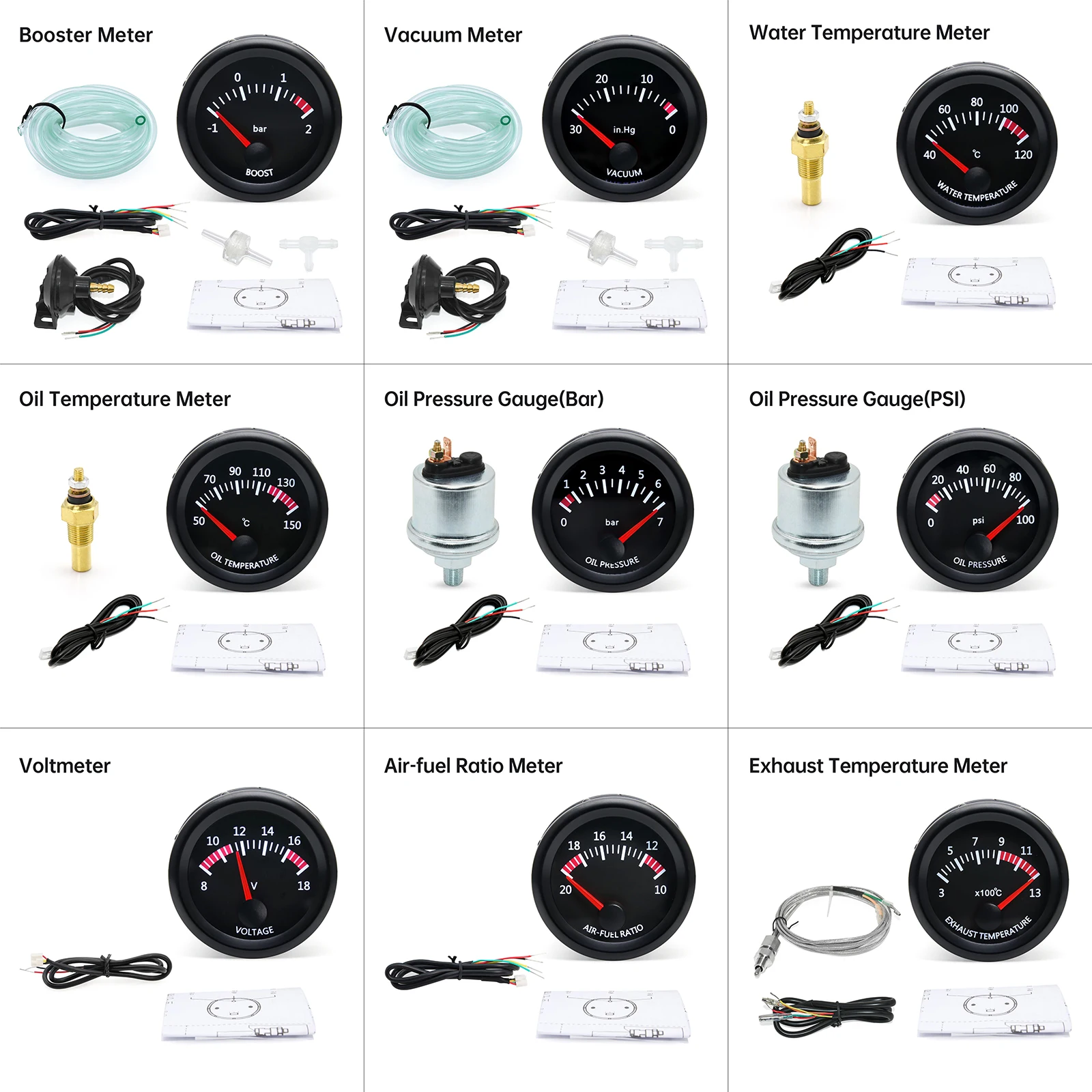 52mm Car Exhaust Gas Temp Gauge Vacuum Oil Pressure Bar PSI Gauge Voltmeter Oil Temperature Water Temp With Sensor for 12V Car car gauge