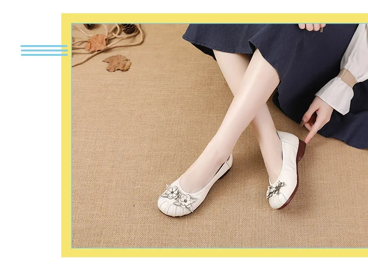 Neue Echtes Kuh Leder Ballerinas Frau Schlank Fuß Schuhe Damen Vintage Floral Mokassins Frau Luxus Flattie Beige Slip Auf Schuhe – Detail 20