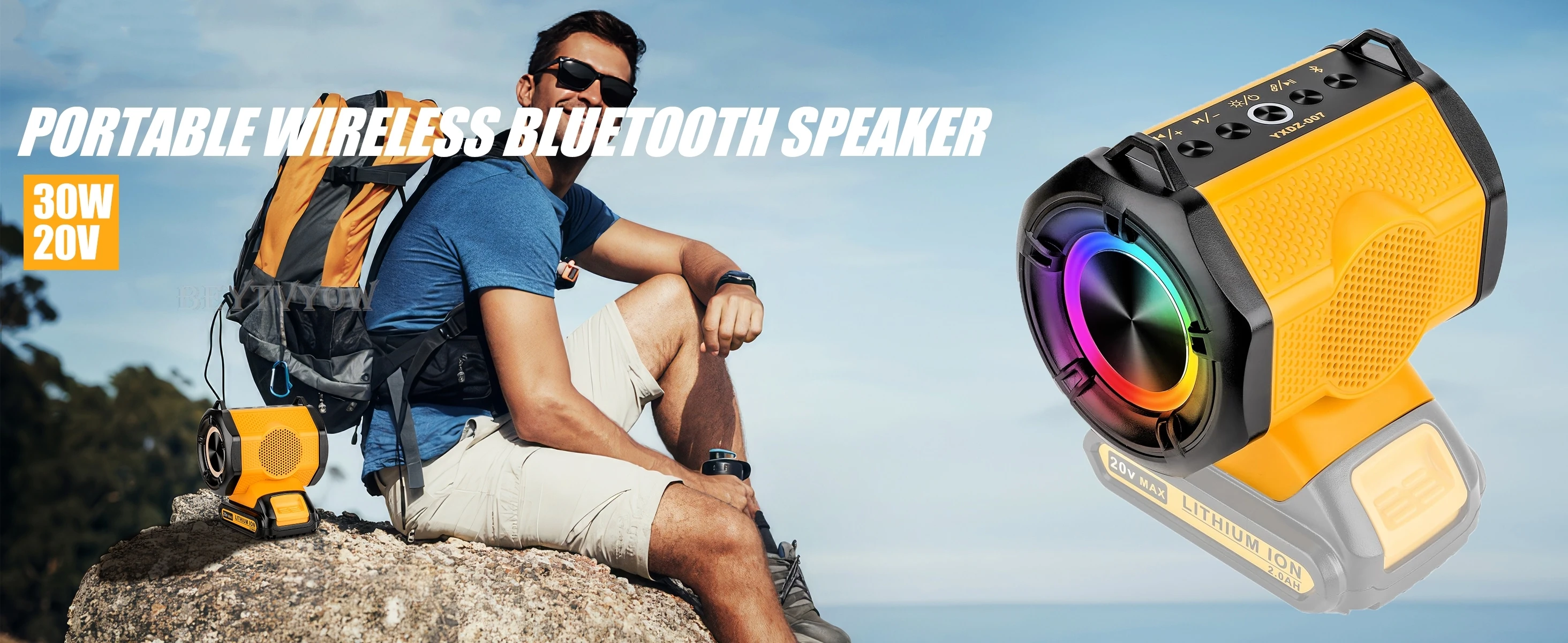 Bluetooth Speaker for Dewalt 20v 60v Battery With USB-A/C ports RGB Light 30W Co